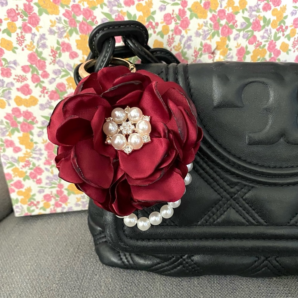 Red Satin Floral Pearl Bag Charm/Keychain